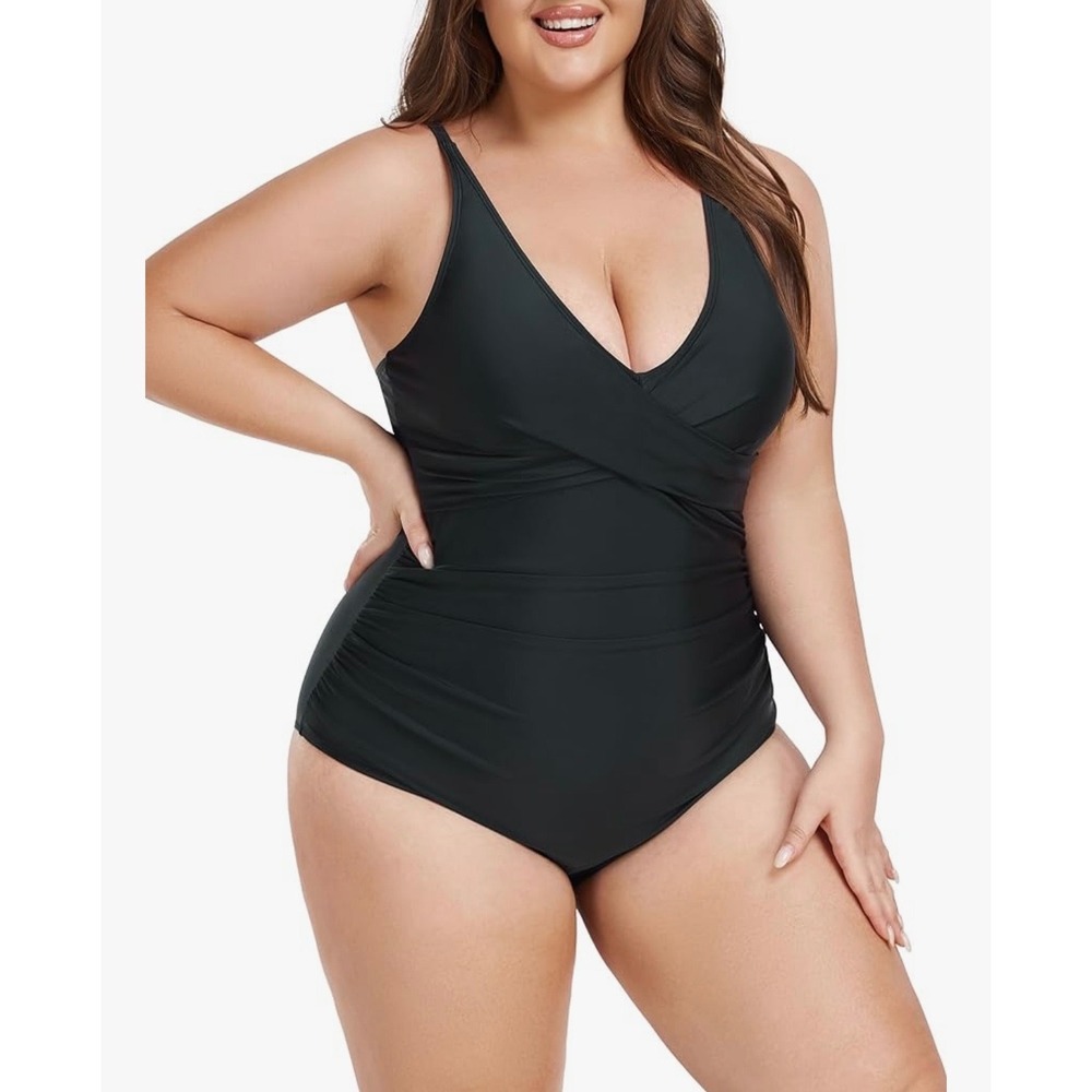 NEW Ocean Blues Black Plus Size XXL‎ Ruched Wrap One Piece Swimsuit Swimwear